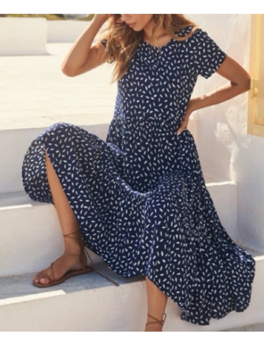 Mister Zimi Navy Blue Printed Tiered Midi Dress with White Leaf Motif